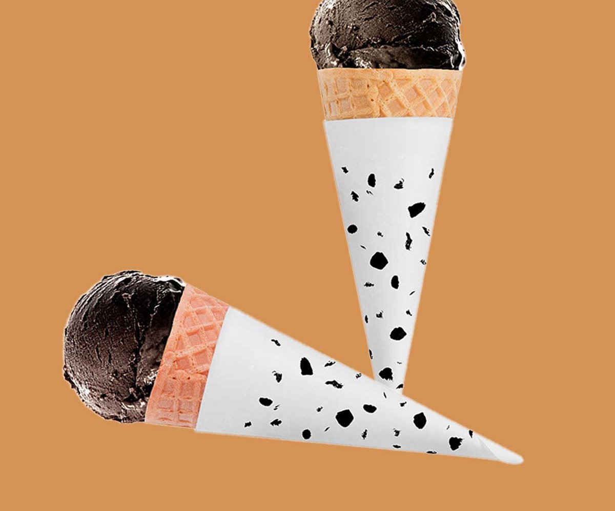 Speckled black and white cone sleeves around chocolate scoops