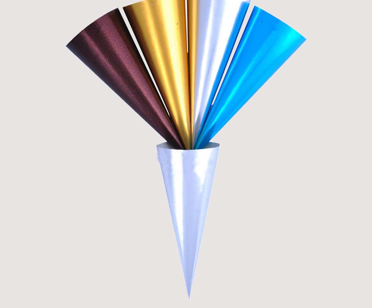 Fan of metallic foil cone wrappers in six different colors