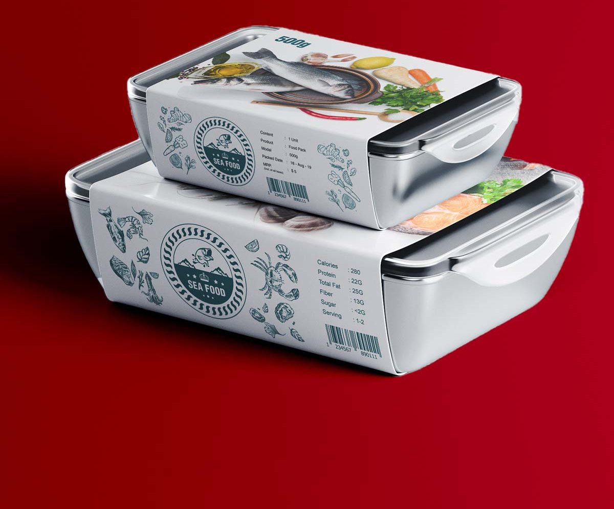 Two stacked meal trays banded with illustrated food packaging sleeves