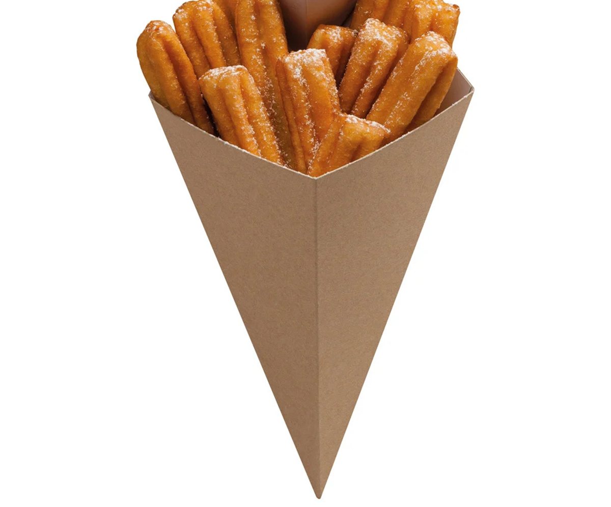 Kraft board cone holding a portion of churros