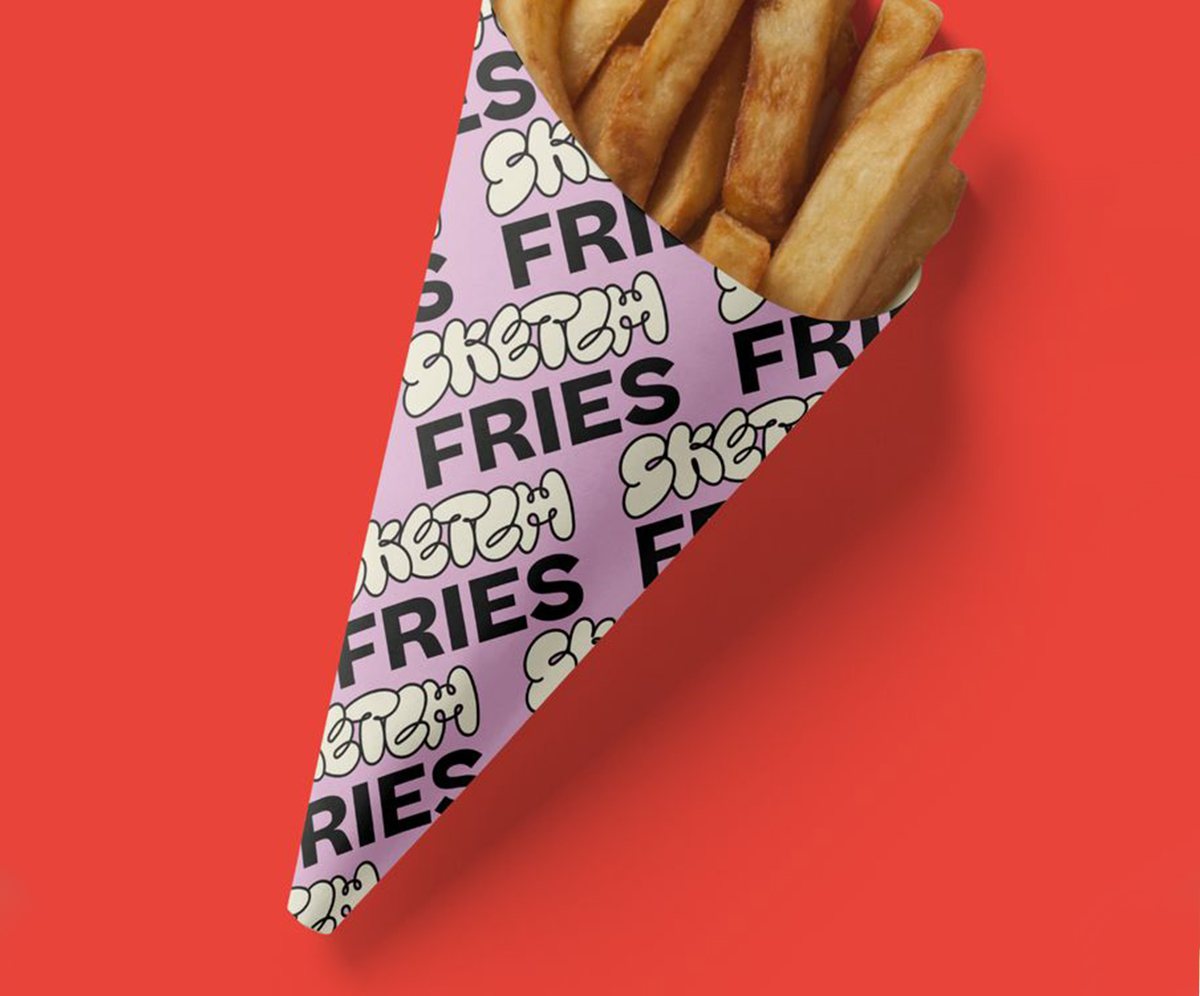 Patterned fry cone printed edge to edge with a repeating wordmark