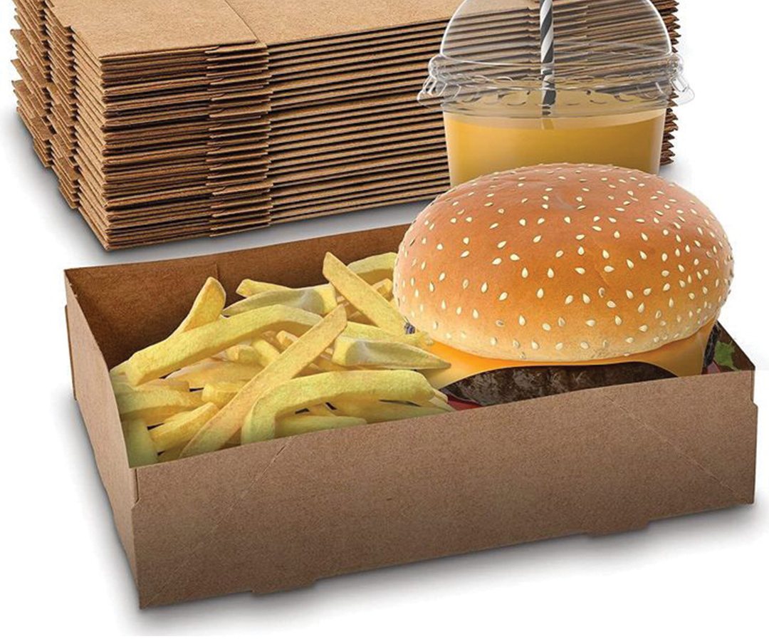 Kraft burger meal trays stacked with a burger and fries