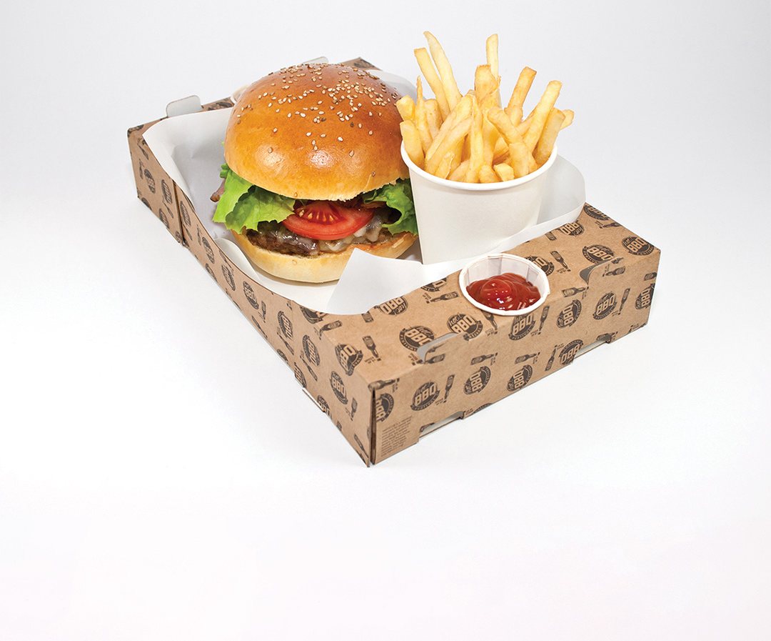 Printed kraft tray holding a burger, fries and a dip pot