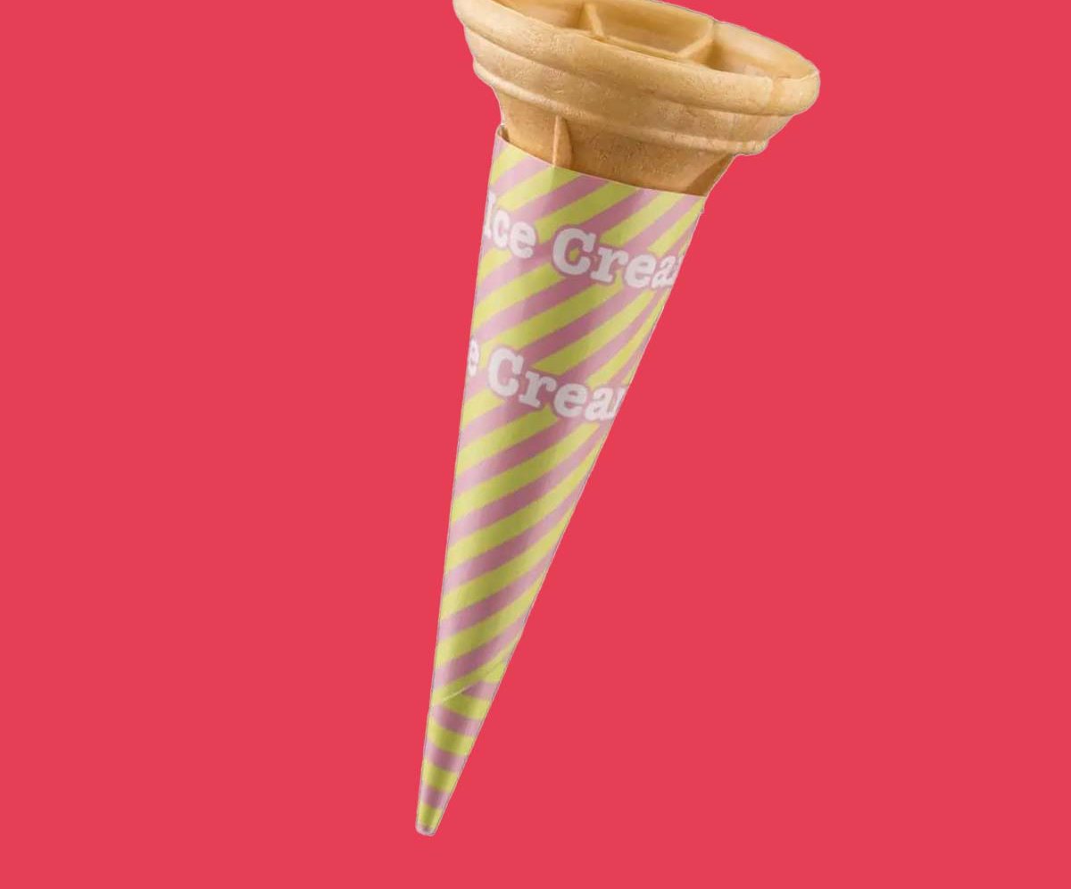 Striped cone sleeve on a red backdrop showing the printed wrap
