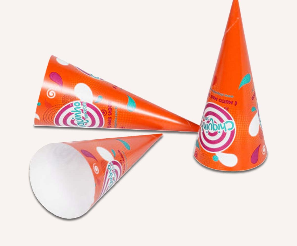 Orange and teal patterned cardboard cone sleeves stacked together