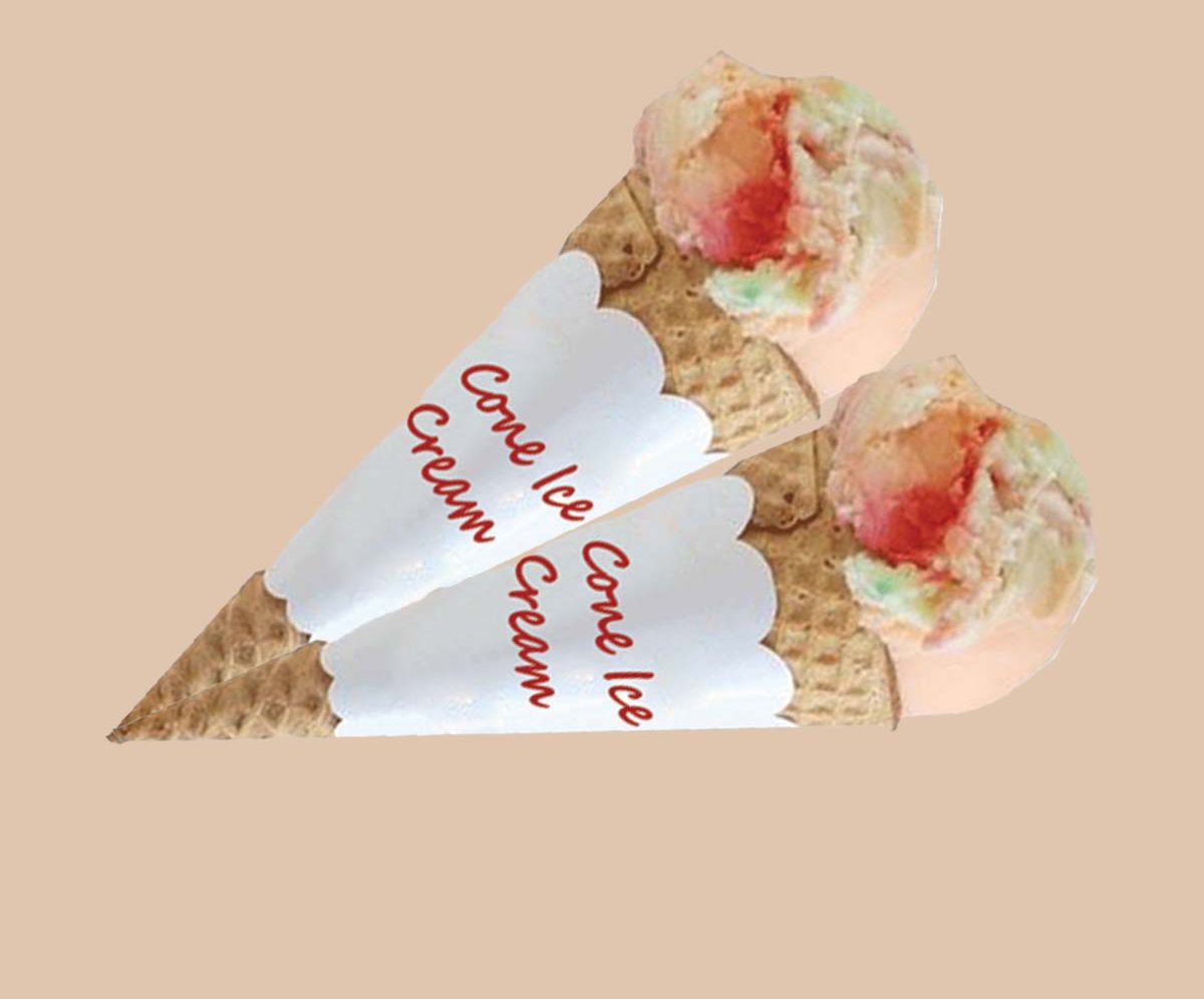 Filled cones in printed kraft cardboard sleeves reading Cool Up Cone