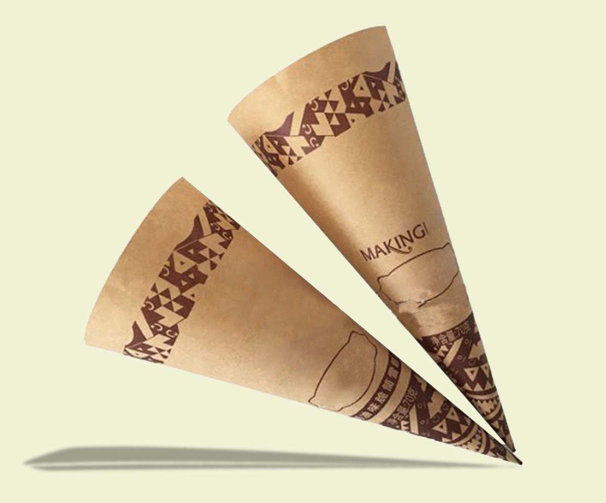 Kraft cardboard cone sleeves printed with a repeating brown pattern