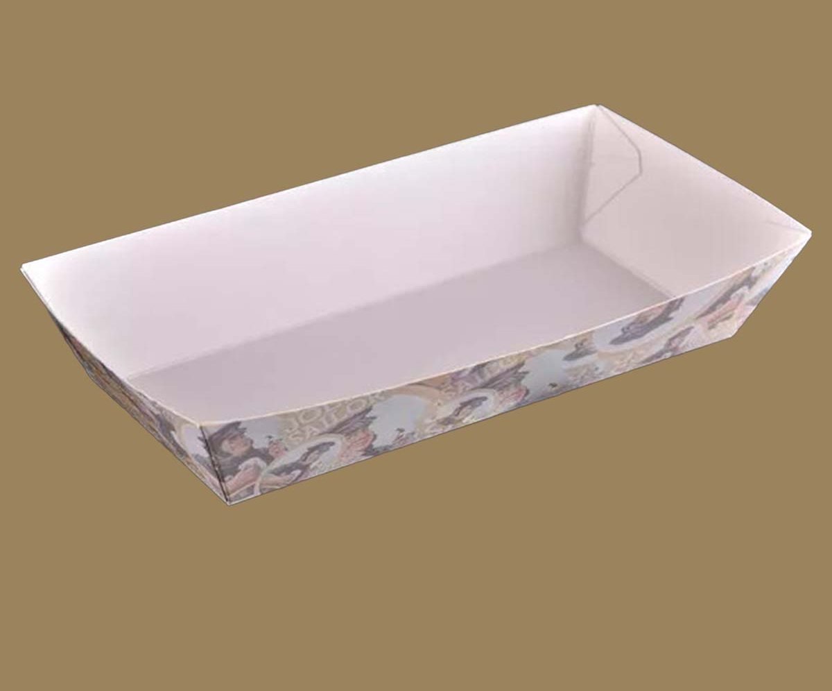 Plain white lined cardboard food tray shown empty from above