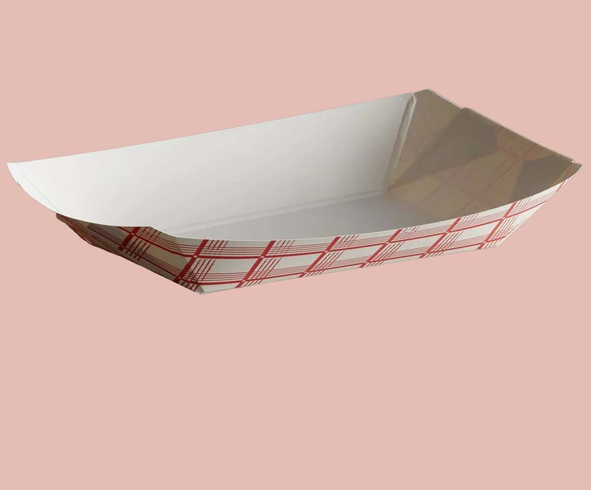White food tray printed with a red striped pattern inside