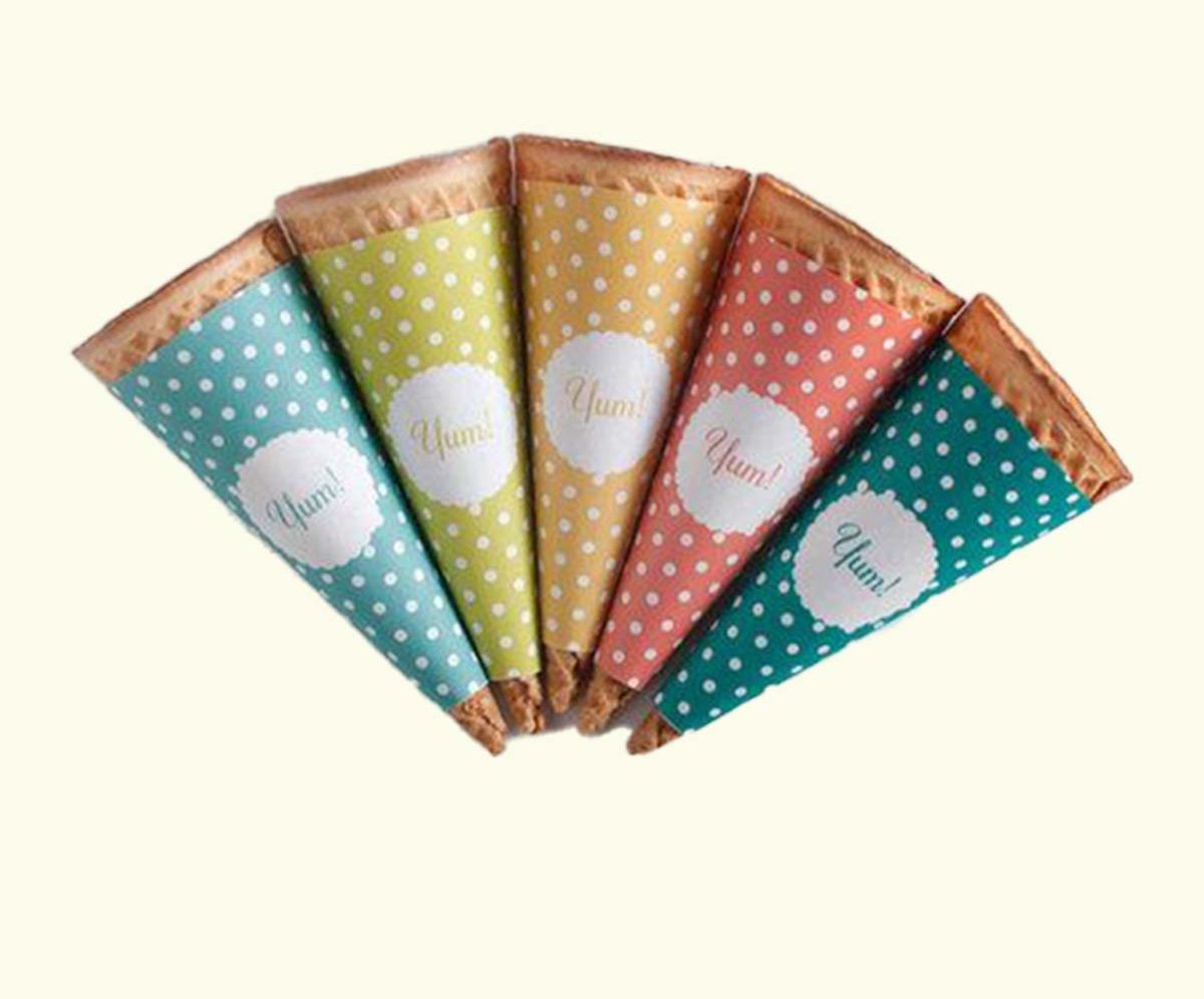 Fan of pastel polka dot cone sleeves cut for child-size cones