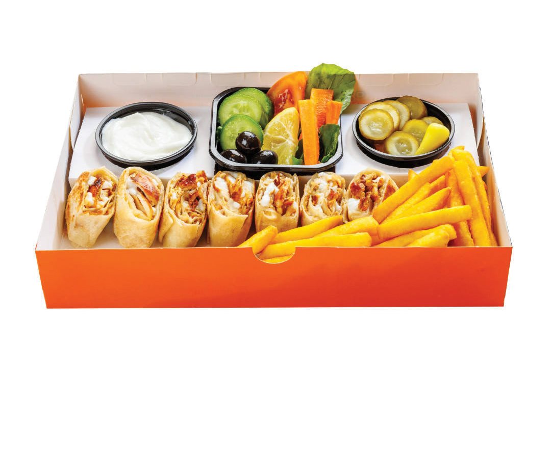 Orange catering tray holding a platter of wraps, dips and crudites