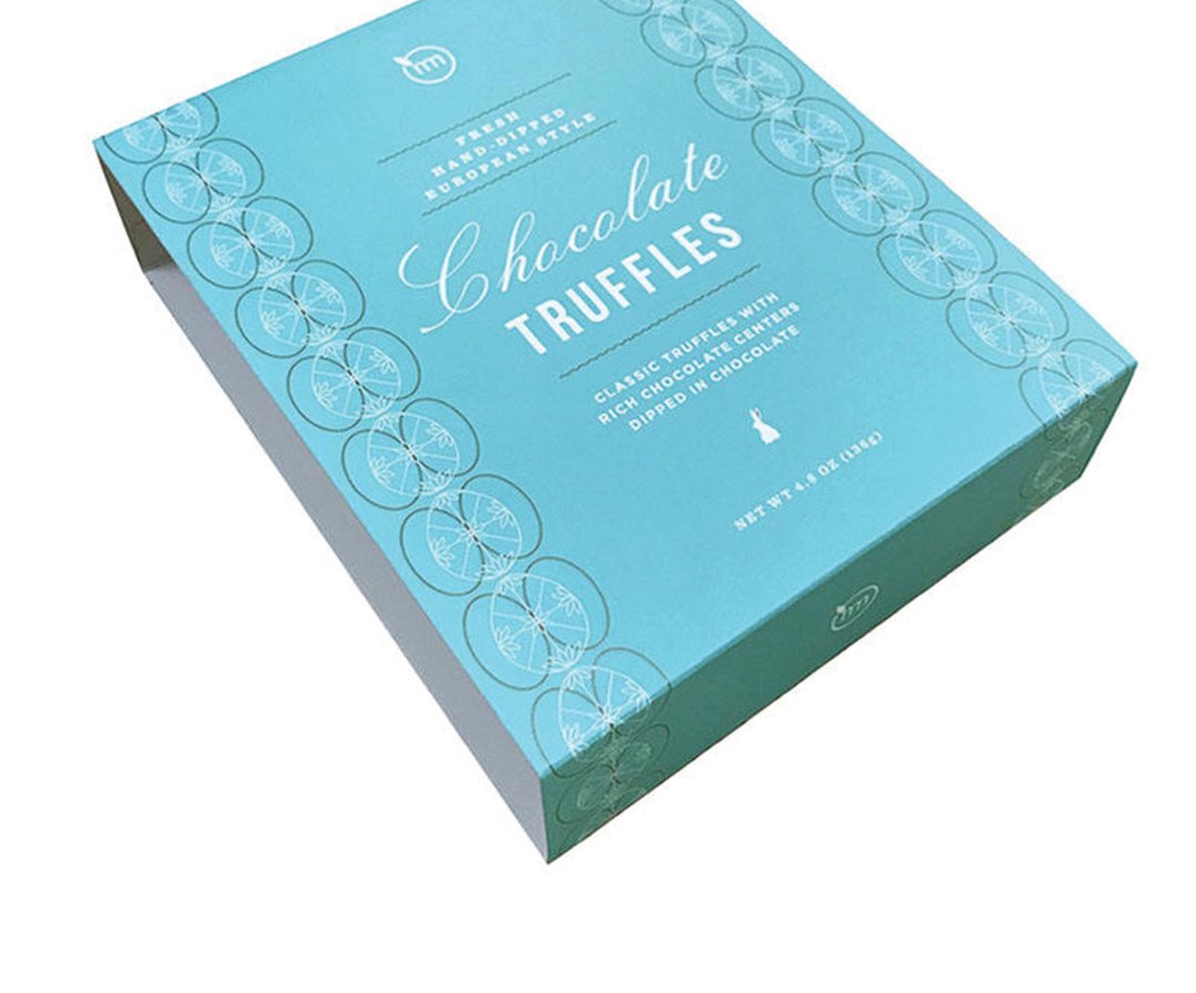 Teal chocolate truffle sleeve printed with a lace border