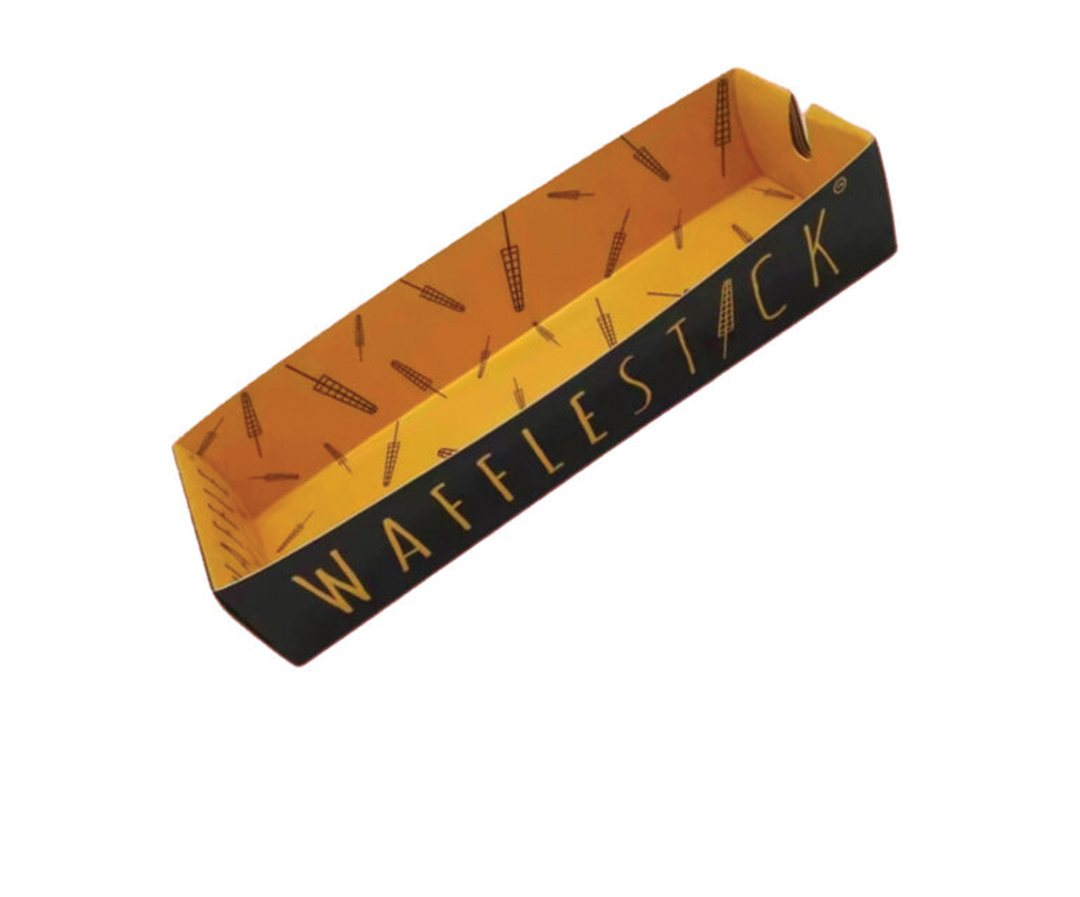 Long narrow dessert tray printed with a waffle brand wordmark