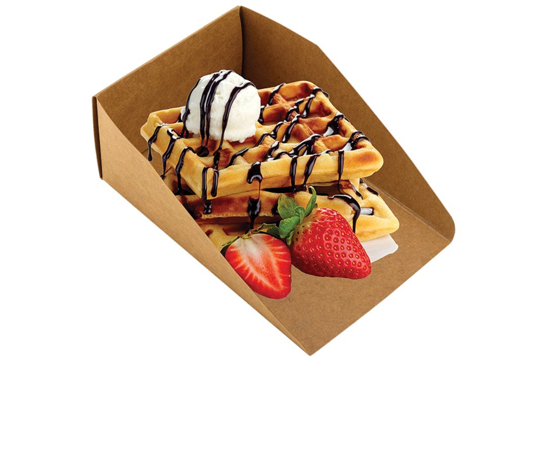 Kraft dessert tray holding a waffle with strawberries and chocolate sauce