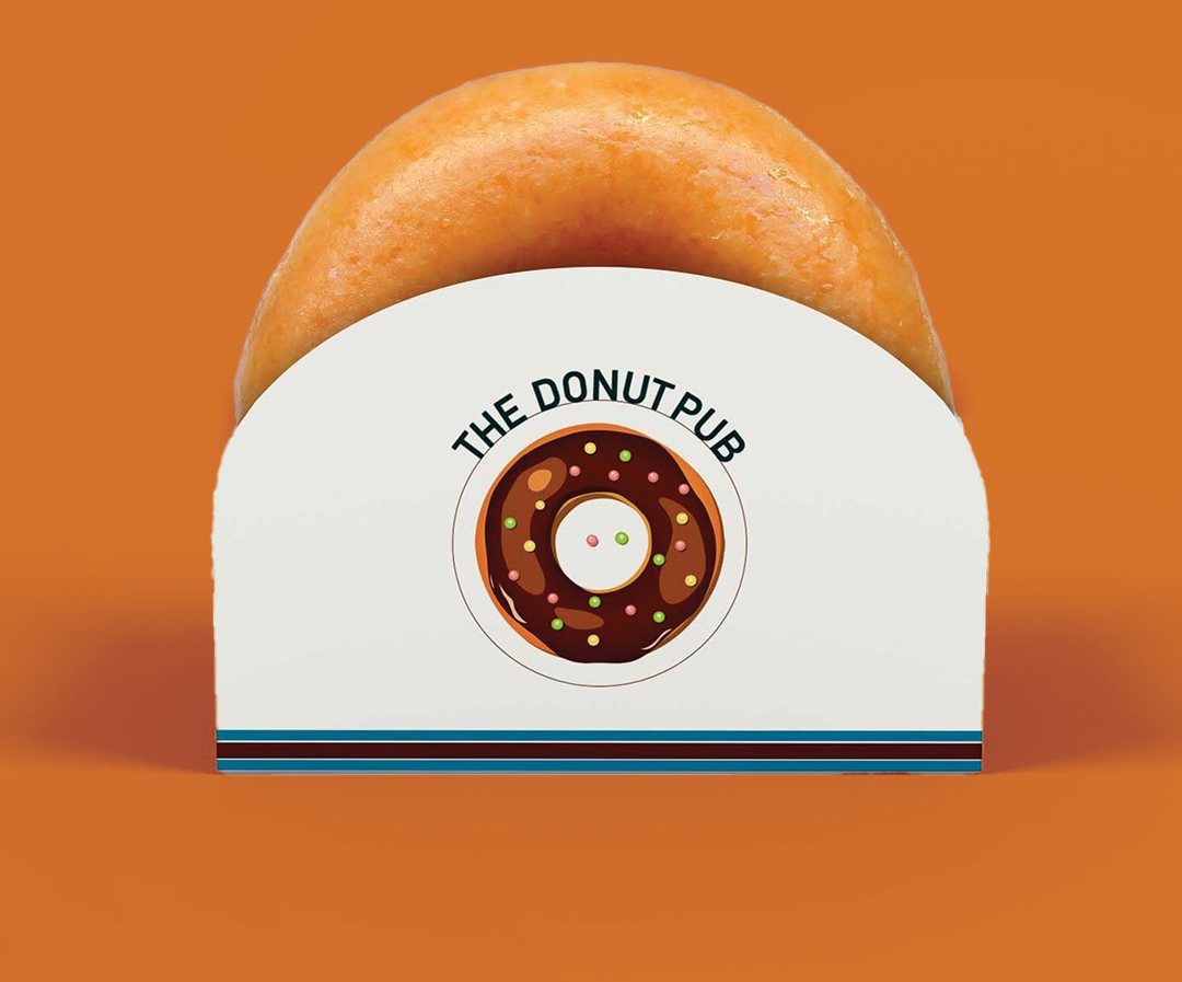 Arched donut sleeve branded for a donut shop on an orange backdrop