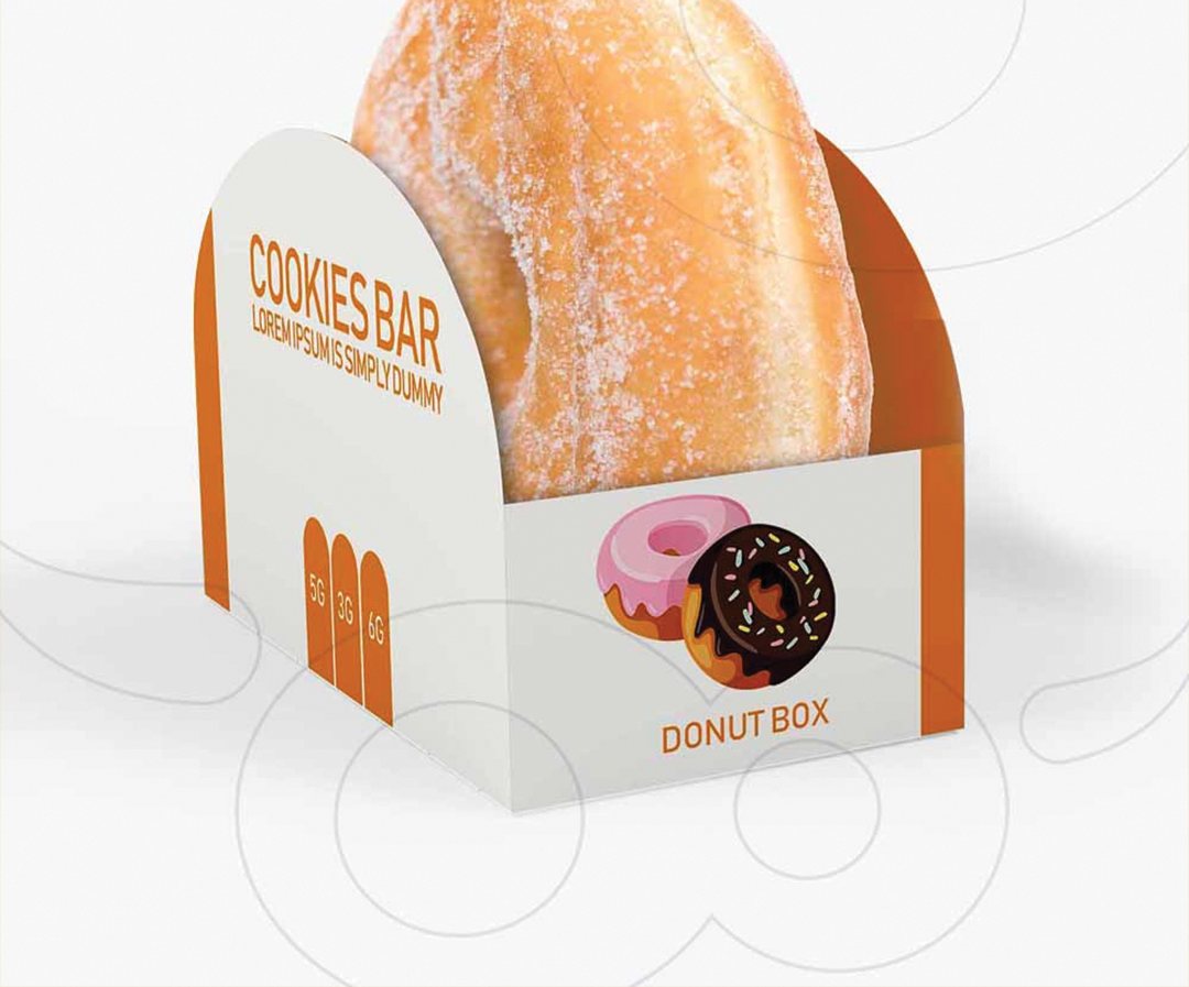 Arched donut sleeve printed for a bakery, holding a glazed ring