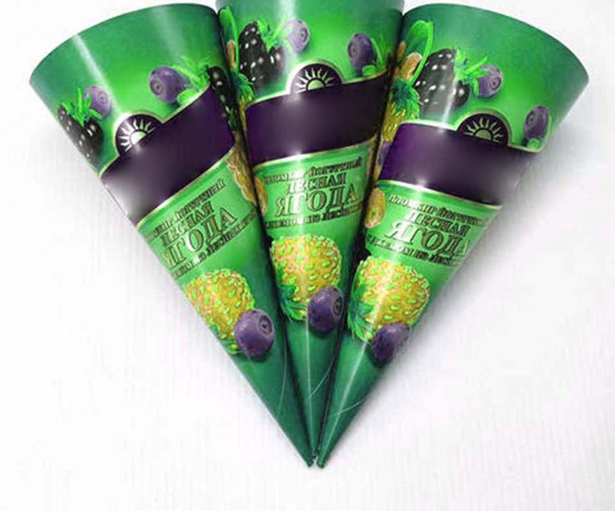 Fan of green cone sleeves printed with a leaf and fruit pattern
