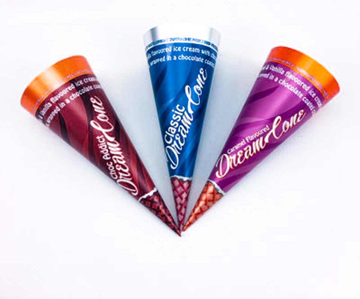 Printed cone sleeves arranged in a row to show three colorways
