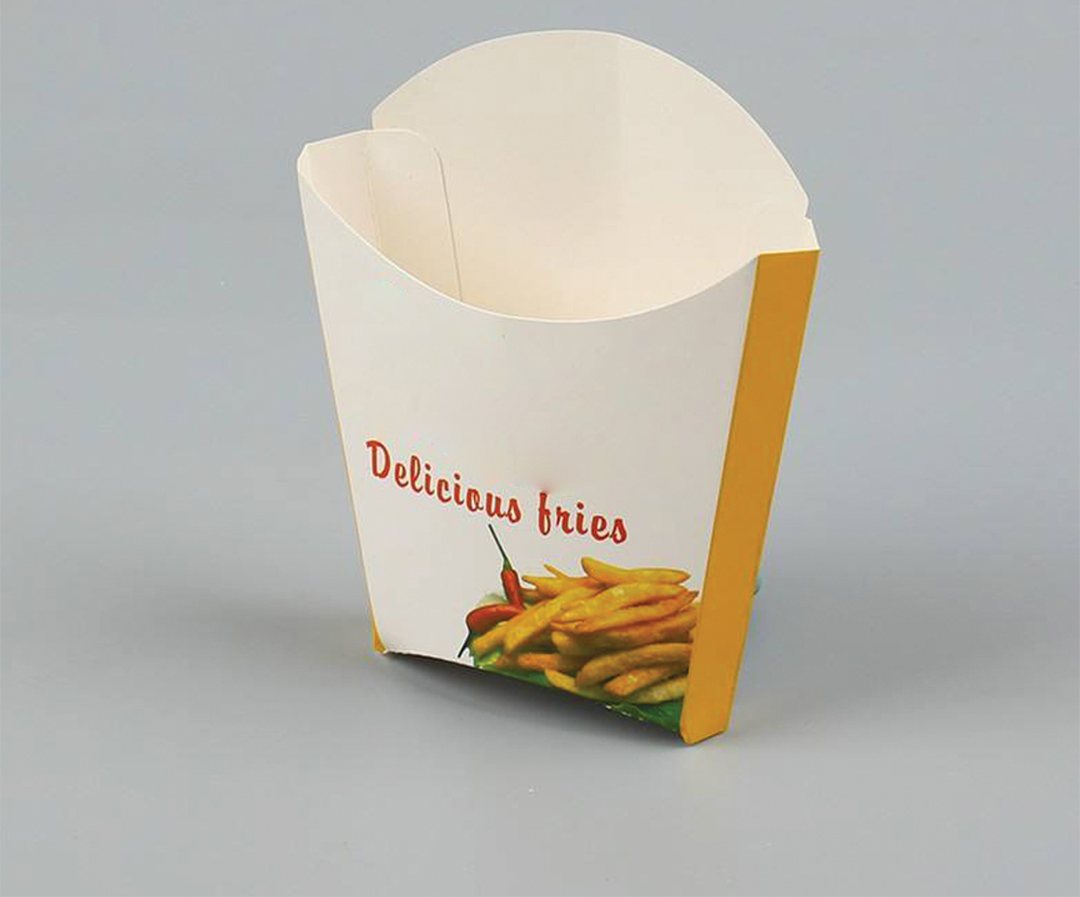 Fry scoop printed with a photograph of fries on a grey backdrop
