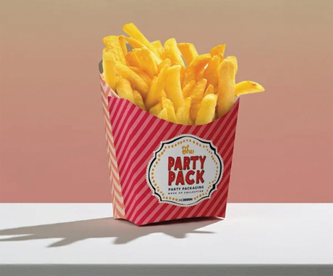 Red and white striped party pack fry carton filled with fries