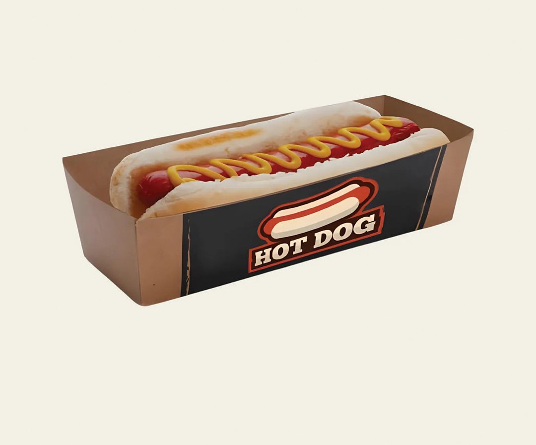Brown and black printed hot dog holder with a loaded hot dog