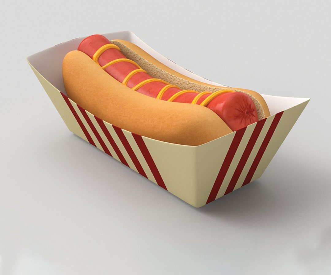 Red and white striped hot dog holder with a loaded hot dog