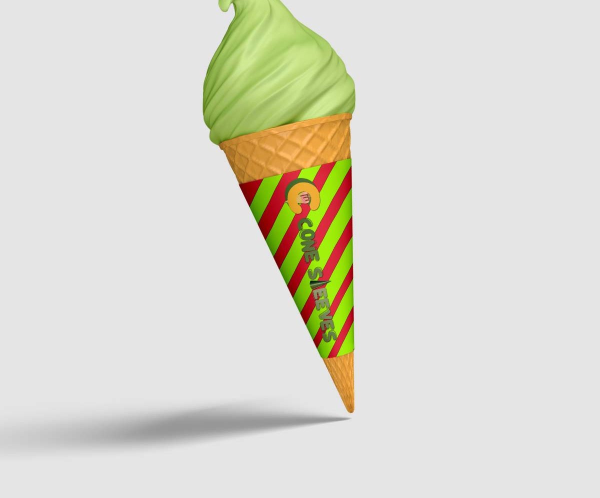 Green and red striped cone sleeve wrapped around a soft-serve ice cream