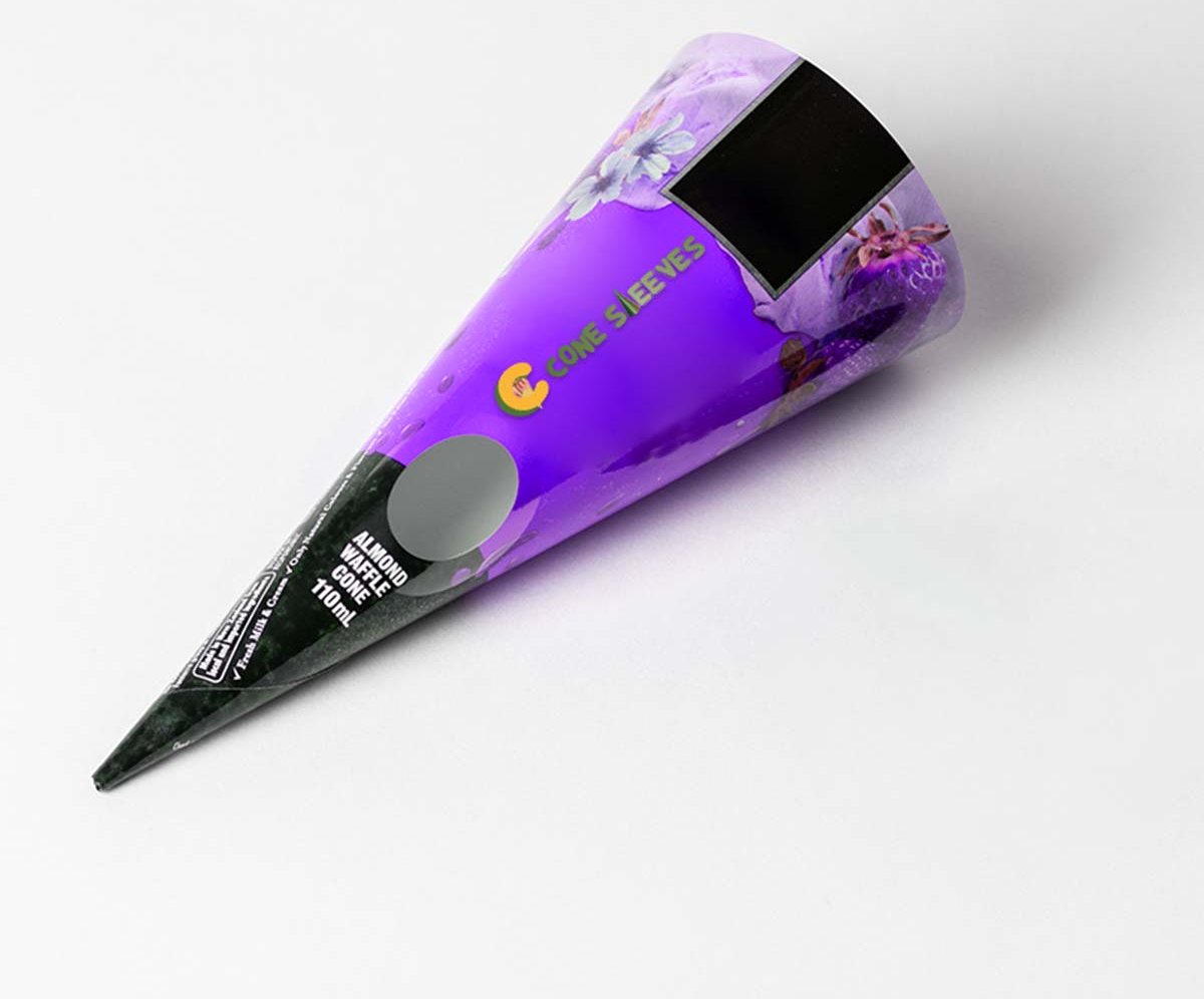 Purple and black printed paper cone sleeve photographed on its side