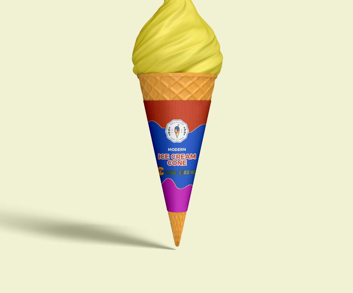Rainbow banded cone sleeve holding a yellow soft-serve swirl