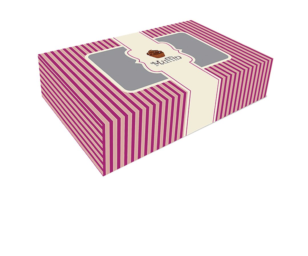 Pink striped sleeve box with a cream label panel across the front