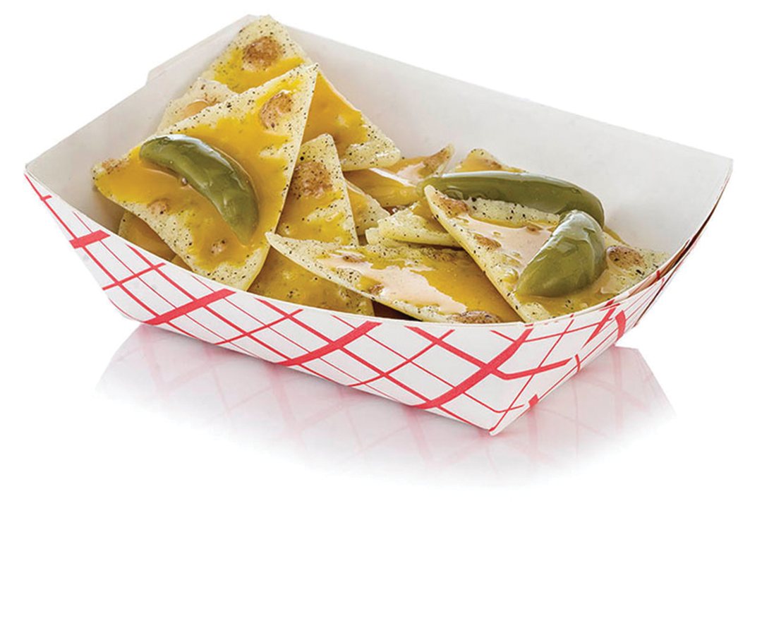 Printed nacho tray with a lidded dip compartment at one end