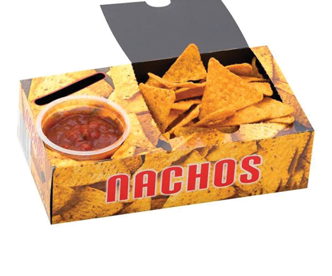 White scalloped tray filled with nachos and jalapenos