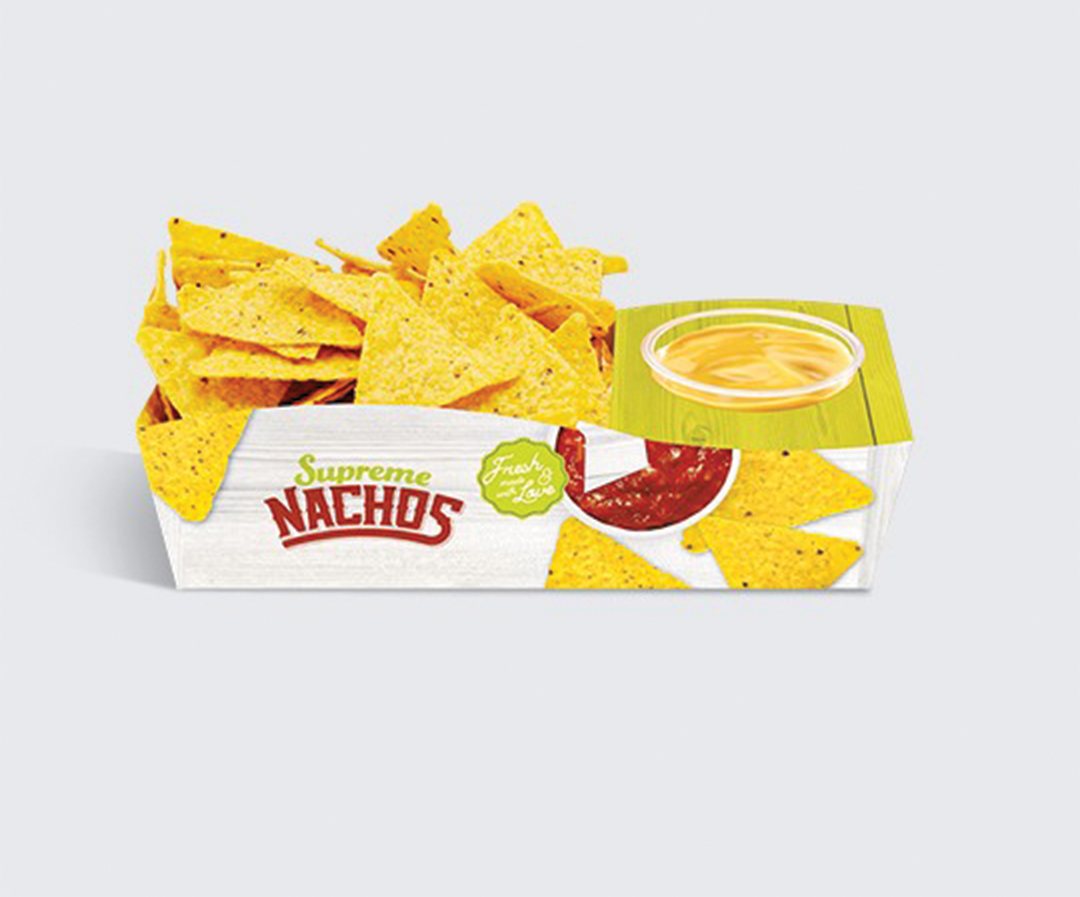 Two-part nacho tray holding chips beside two sauce wells