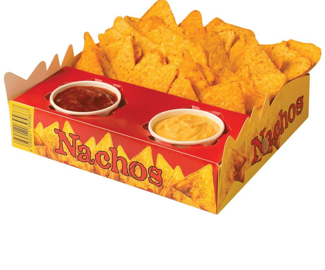 Red printed tray holding tortilla chips with two dip wells