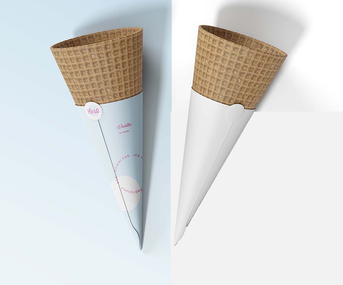 Two waffle cones seated in plain white paper cone sleeves