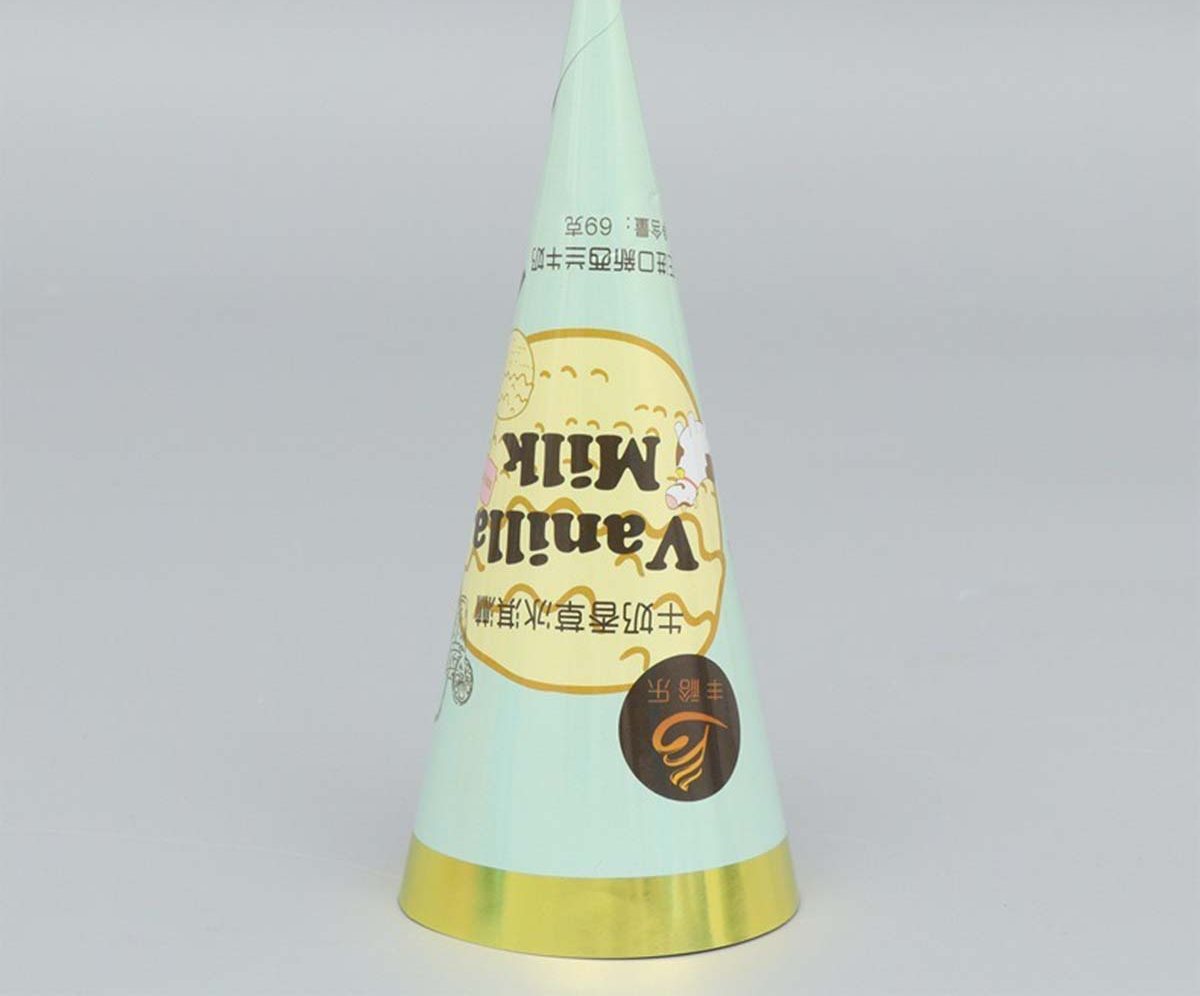 Mint and gold printed paper cone sleeve standing upright