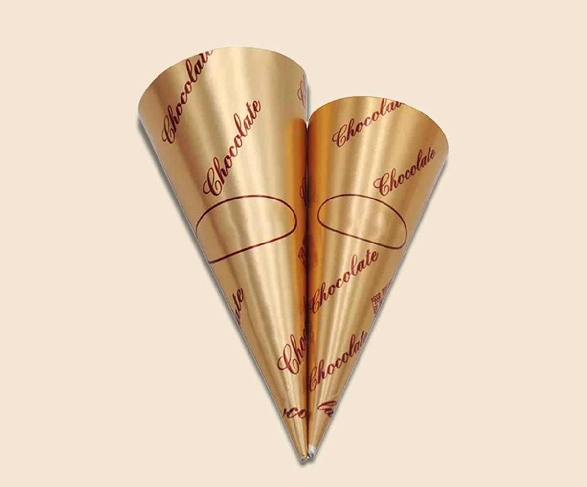 Two gold and brown printed paper cone sleeves on a cream backdrop