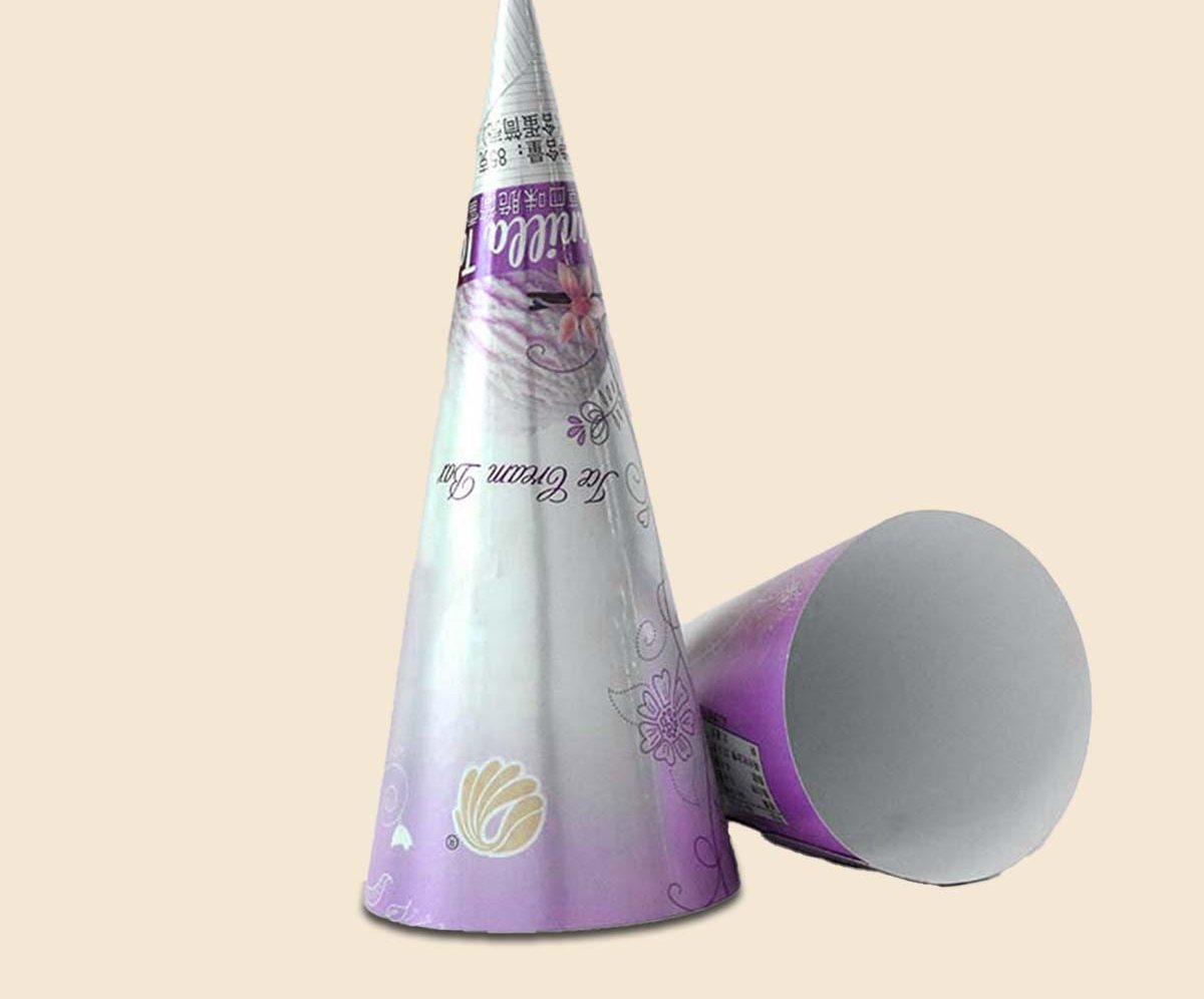 Purple and silver paper cone sleeve shown upright and on its side