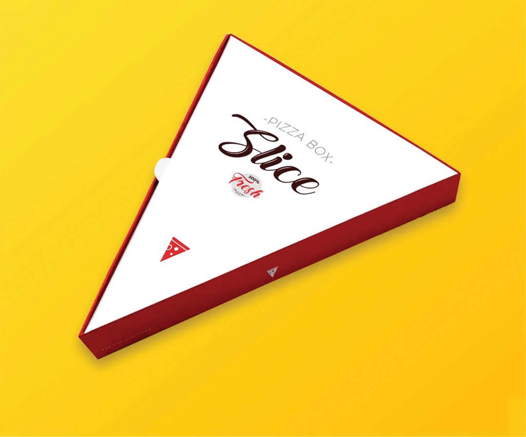 White and red wedge-shaped pizza slice holder on a yellow backdrop