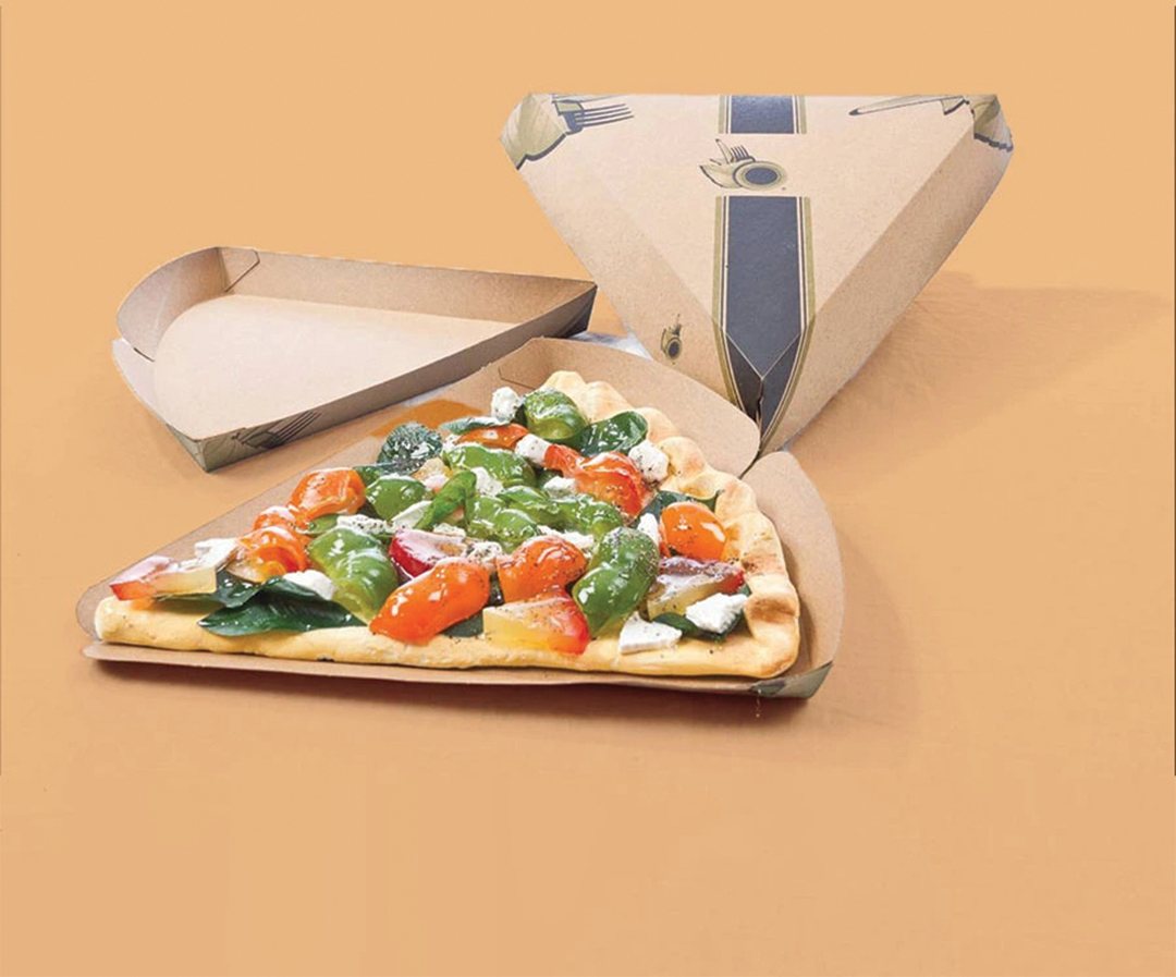 Opened wedge holders with a topped pizza slice on an orange backdrop