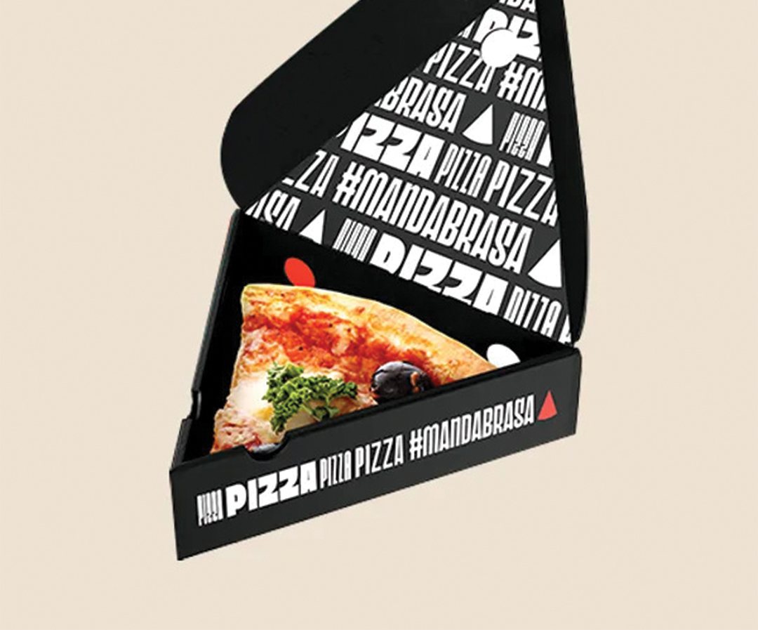 Black and white printed wedge box holding a single pizza slice