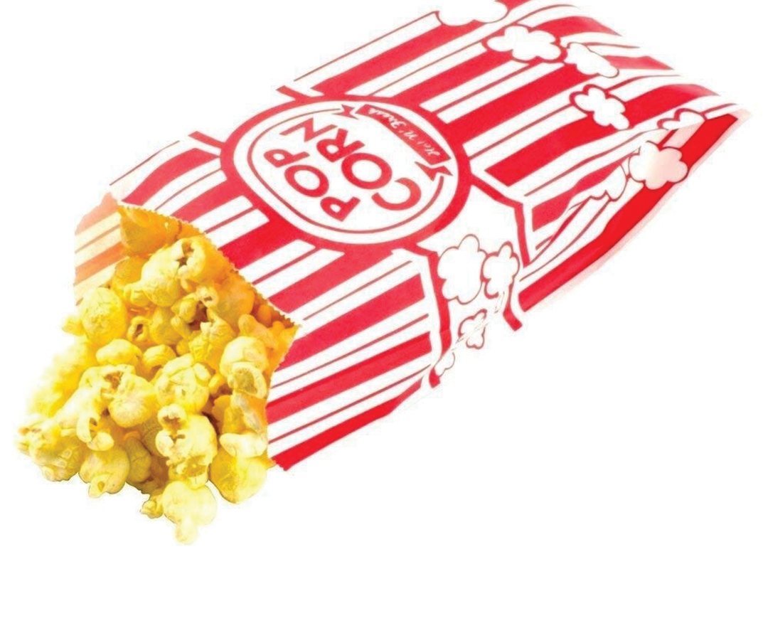Red and white striped popcorn bag opened at the top