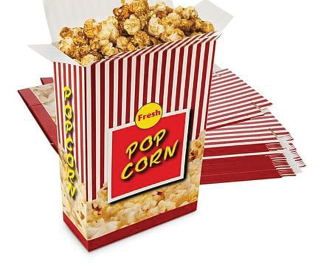 Striped popcorn tub standing on a stack of flat printed bags