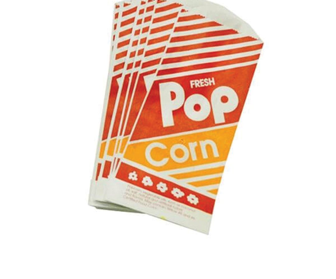 Orange and white popcorn carton printed with a bold wordmark