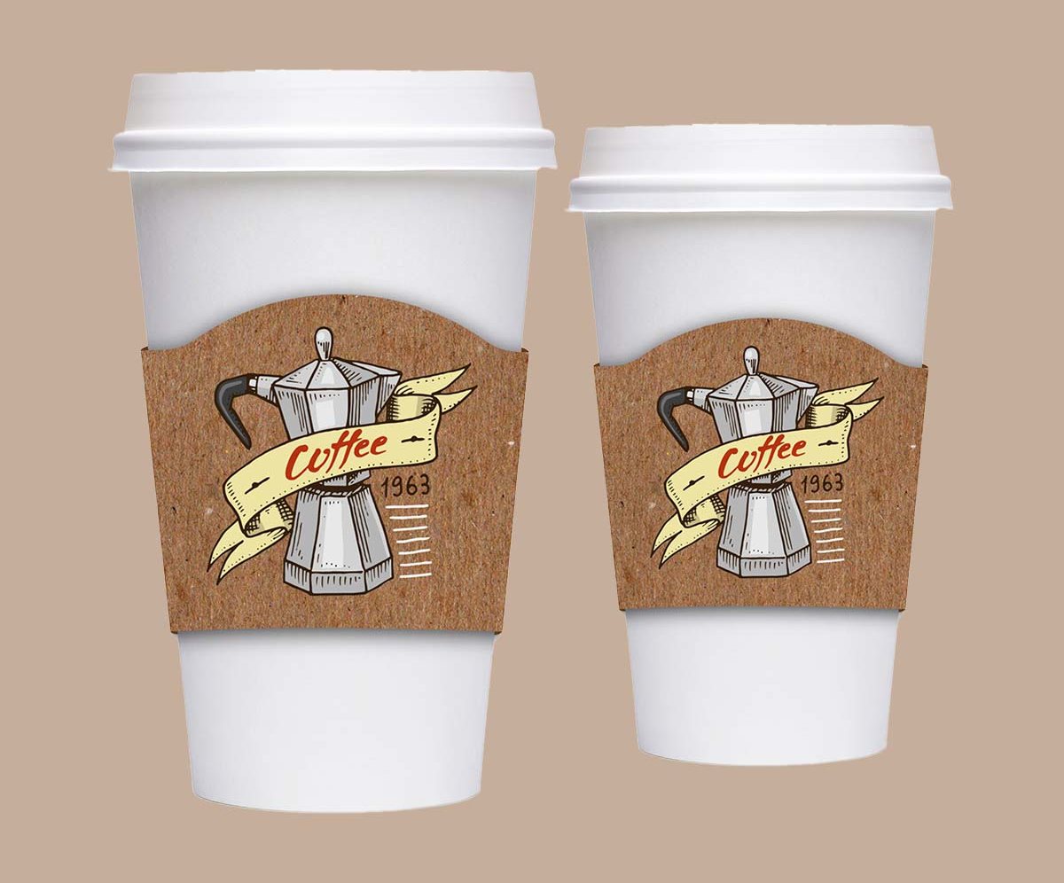 Two cups wearing kraft sleeves printed with a moka pot illustration