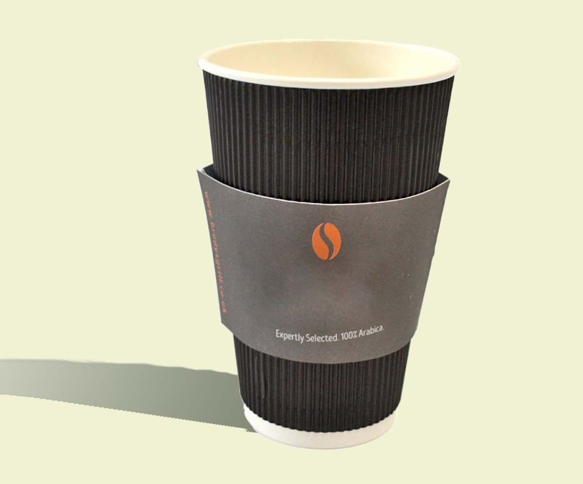 Black ripple coffee sleeve with a single-color logo on a hot cup