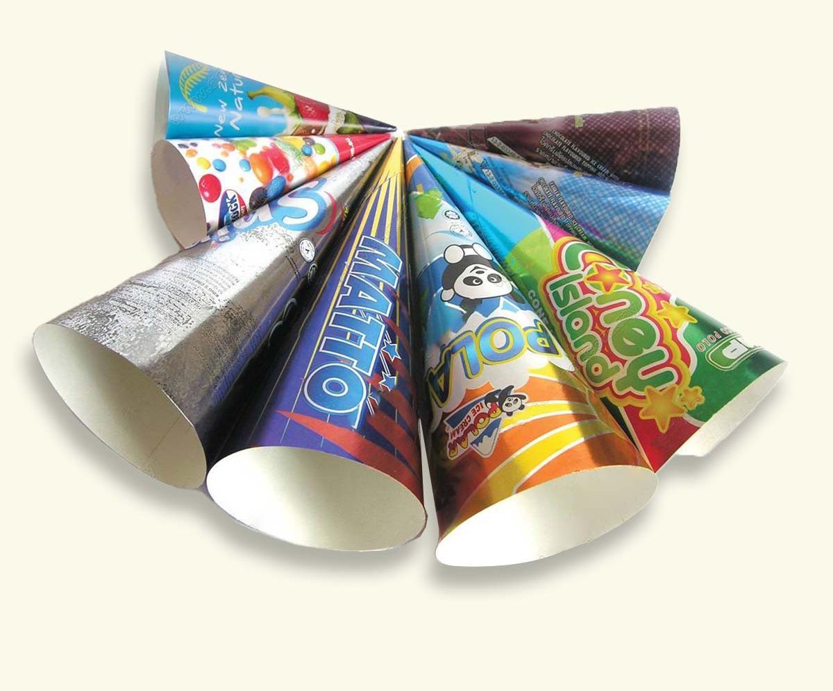 Fan of rolled cone sleeves printed with different flavor artwork