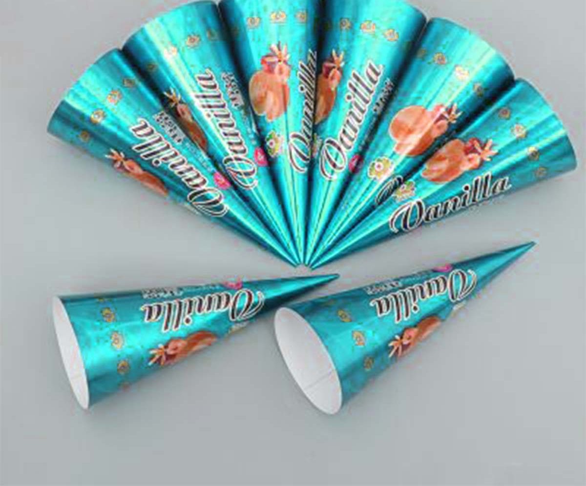Teal rolled cone sleeves printed with a repeating vanilla motif