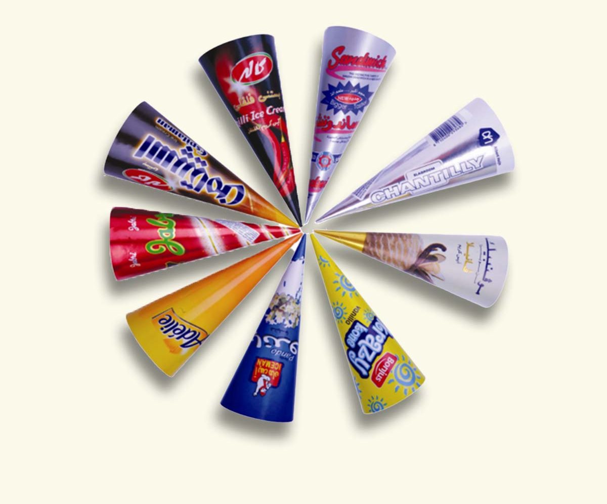 Cone sleeves printed edge to edge in full color with photographic artwork