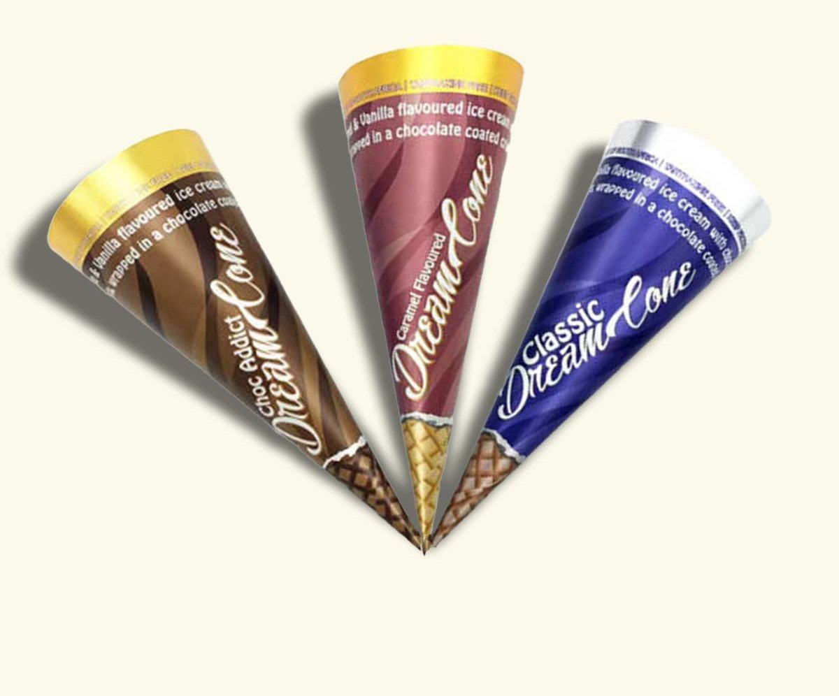 Wholesale rolled cone sleeves in gold, brown and navy flavor colors